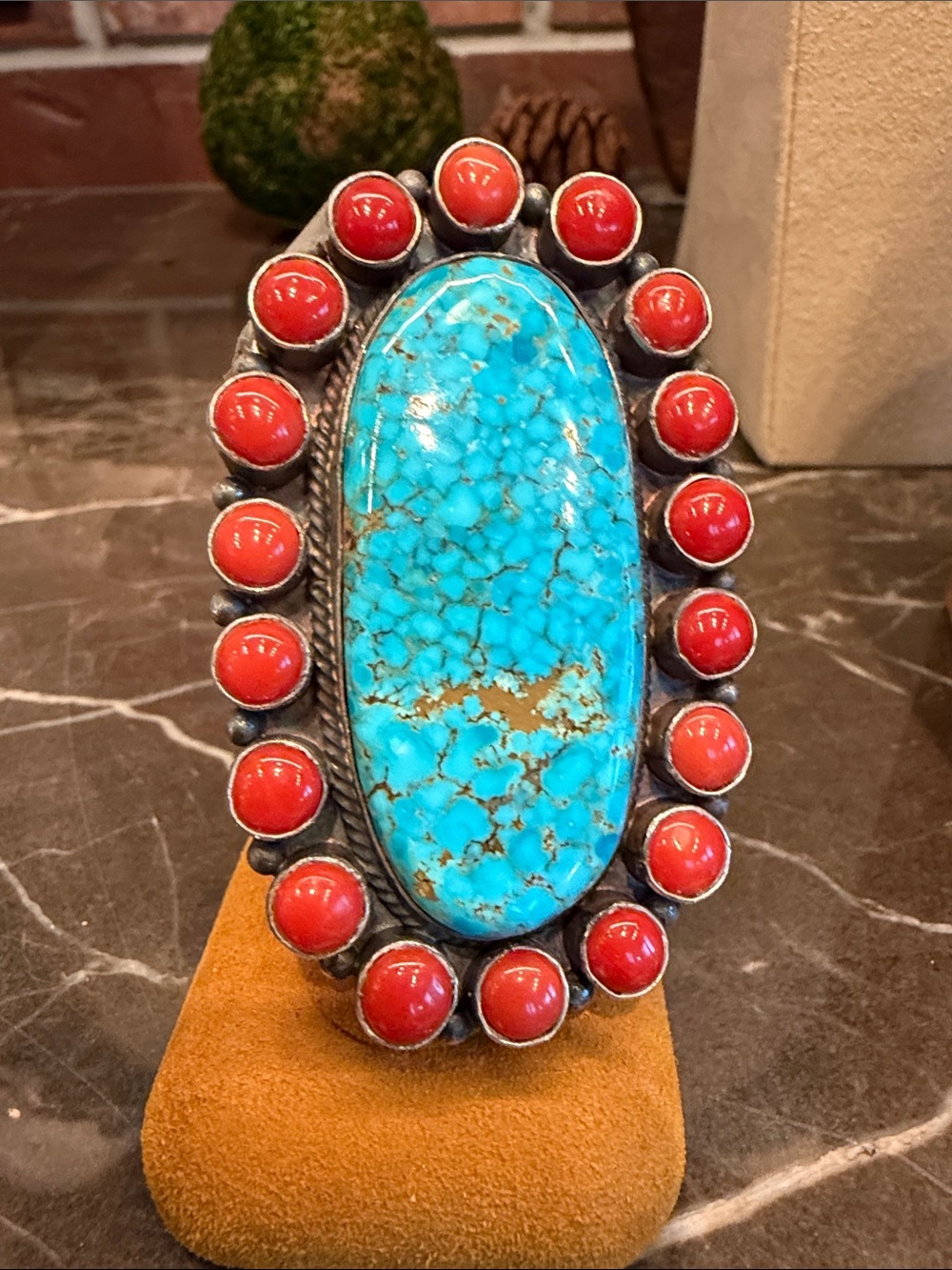 Mediterranean Red coral and Birdseye Kingman Turquoise Ring, Peterson Johnson